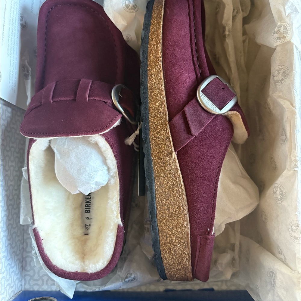 Birkenstock Maroon Buckley Shearling Clogs